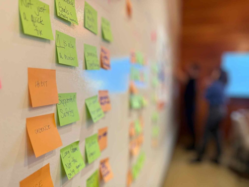 CX workshop: habit, cadence and long-game thinking Customer experience workshop sticky notes reading “Not just a quick fix”, “1 is also a number”, “Supported Safety”, “Habit”, “Cadence” and “Long game, not the only game”