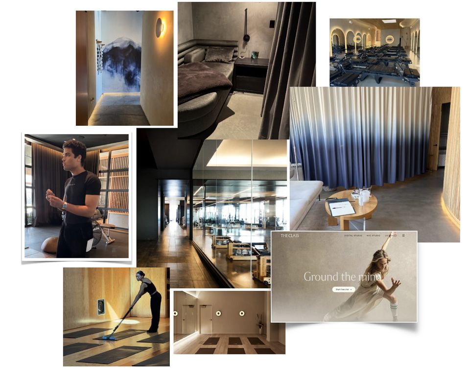 Wellness studio customer experience audit Wellness and fitness customer experience audit collage: reformer pilates room, lounge, curtained treatment room, glass-walled corridor, staff welcome and studio homepage